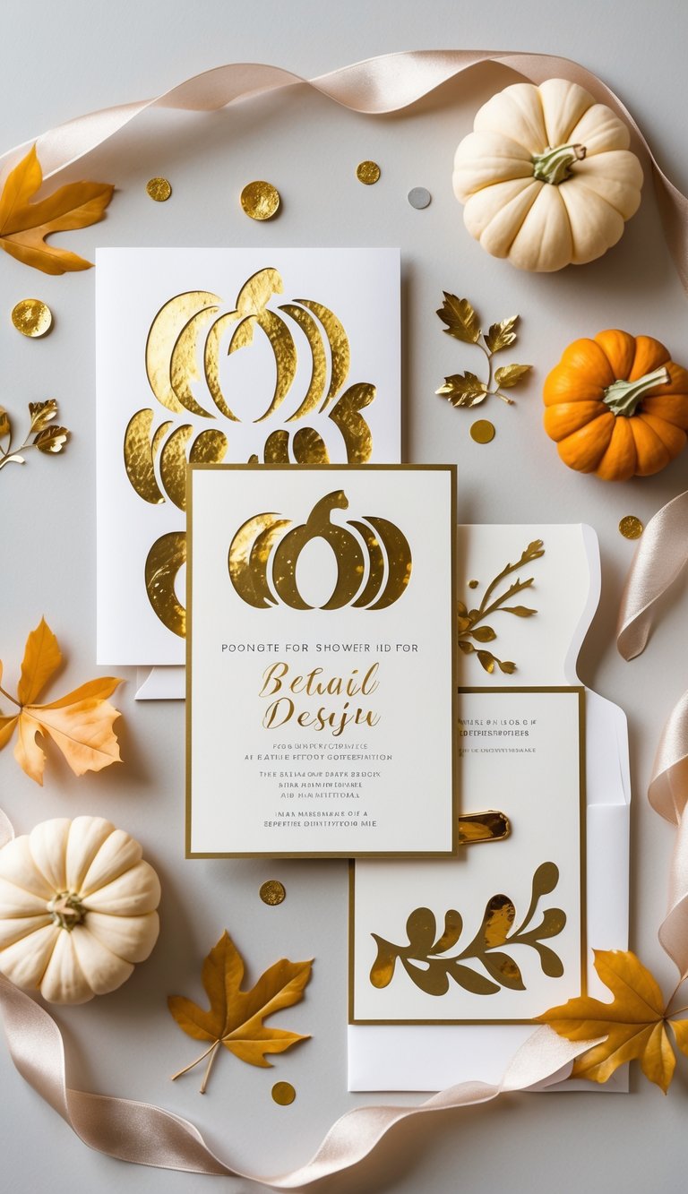 A set of baby shower invitations decorated with gold foil pumpkin designs surrounded by small pumpkins and autumn leaves.